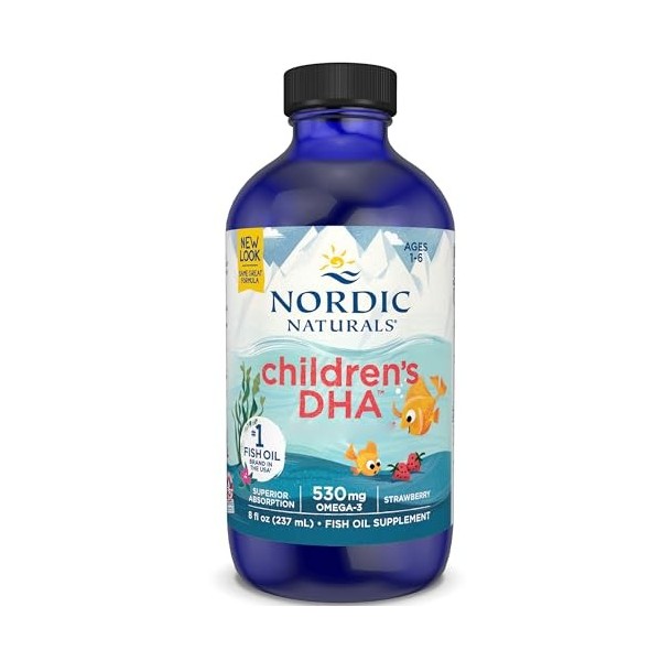 Nordic Naturals, Childrens DHA, 530mg dOméga-3 dHuile de Foie de Morue, Arôme Fraise, avec EPA et DHA, 237ml, Testé en Lab
