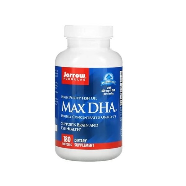 Jarrow Formulas, Max DHA, Huile de Poisson avec Oméga-3, Hautement Dosée, 180 Capsules molles, Testé en Laboratoire, Sans Glu