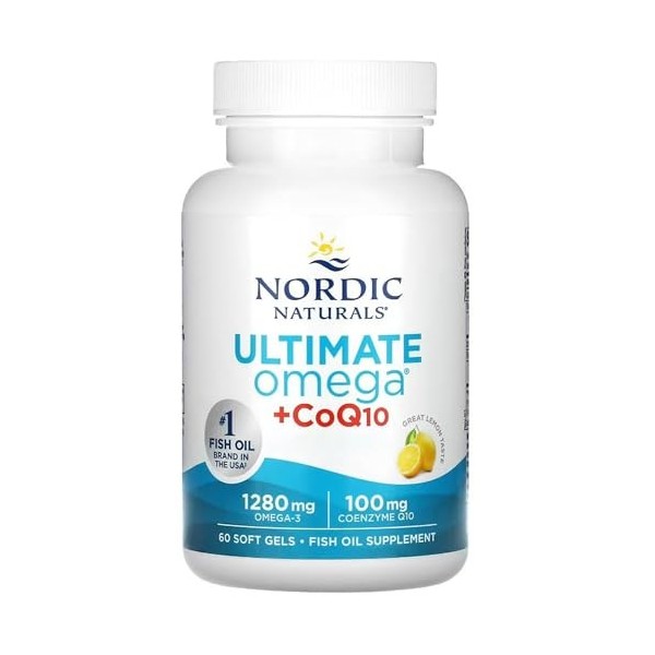 Nordic Naturals Ultimate Omega-3 + CoQ10, 1280mg doméga-3, avec EPA, DHA et coenzyme Q10, Hautement dosé, Goût de citron, 60