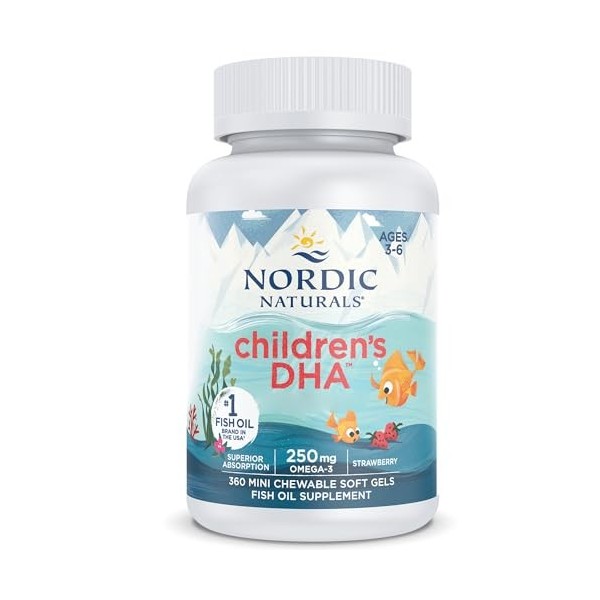 Nordic Naturals, Childrens DHA, 250mg dOméga-3 dHuile de Foie de Morue, Arôme Fraise, avec EPA et DHA, 360 Capsules molles