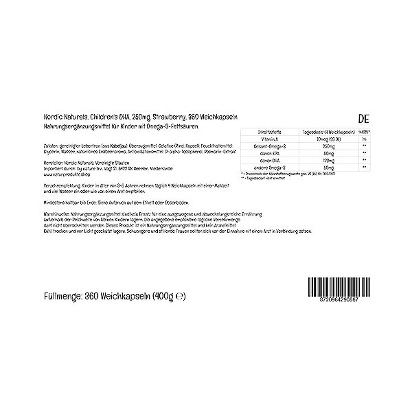 Nordic Naturals, Childrens DHA, 250mg dOméga-3 dHuile de Foie de Morue, Arôme Fraise, avec EPA et DHA, 360 Capsules molles