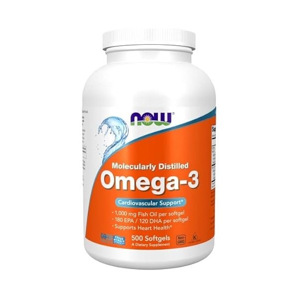 Now Foods, Molecularly Distilled Omega-3 Oméga-3 Distillé Moléculairement 1.000mg, DHA et EPA, 500 Capsules, Testé en Labor