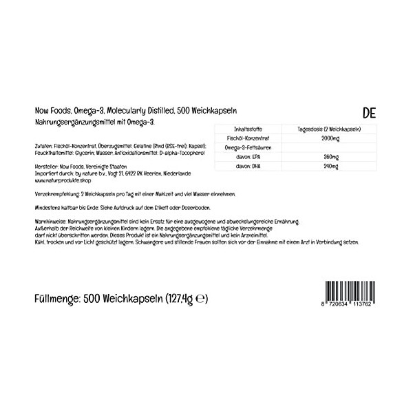 Now Foods, Molecularly Distilled Omega-3 Oméga-3 Distillé Moléculairement 1.000mg, DHA et EPA, 500 Capsules, Testé en Labor