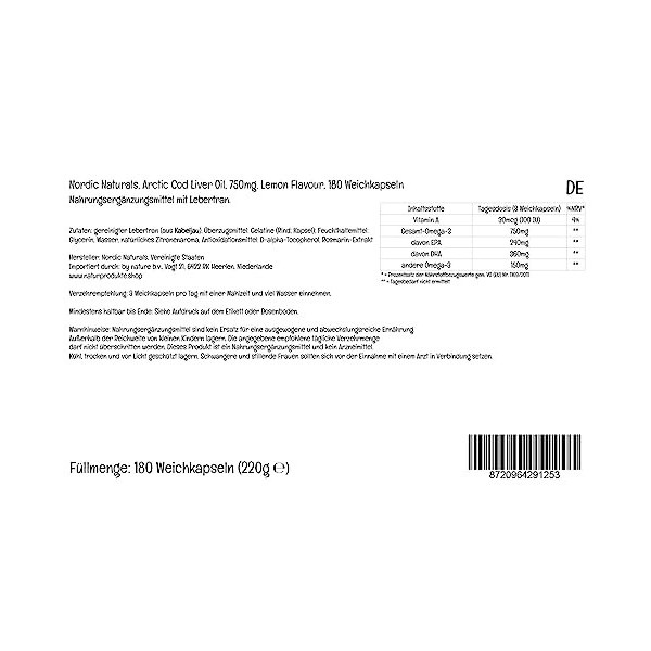 Nordic Naturals, Arctic Cod Liver Oil, 750mg dOméga-3 dHuile de Foie de Morue, avec EPA et DHA, Goût Citron, 180 Capsules m