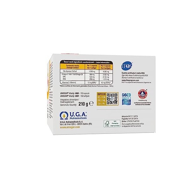 OMEGOR® Vitality 1000 - Huile de poisson avec 800 mg dEPA et de DHA par capsule | Le seul Omega 3 IFOS certifié 5 étoiles de