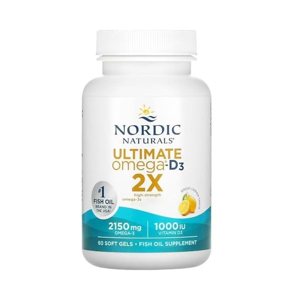 Nordic Naturals Ultimate Omega 2X, 2840 Omega-3, Huile de poisson avec EPA, DHA et vitamine D2, Goût de citron, 119ml, Testé 