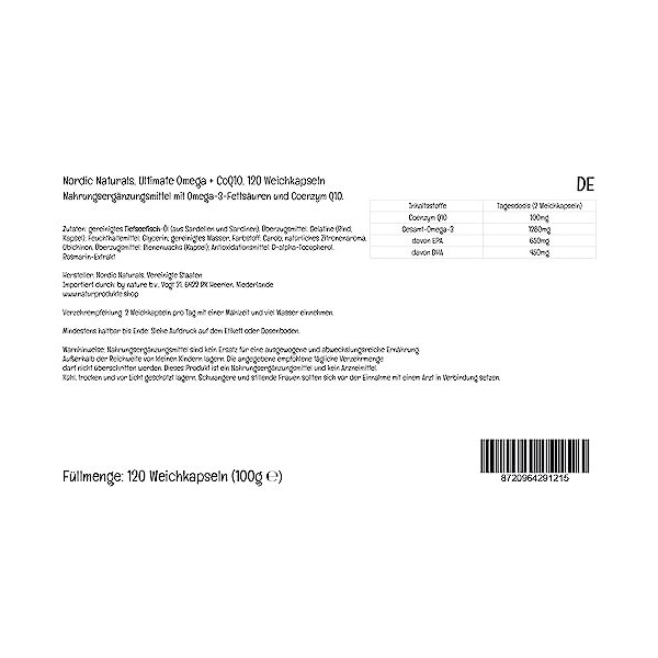 Nordic Naturals, Ultimate Omega-3 + CoQ10, 1280mg dOméga-3, avec EPA, DHA et Coenzyme Q10, Haute Dosé, Goût Citron, 120 Caps