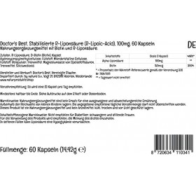 Doctors Best, Stabilized R-Lipoic-Acid Acide R-Lipoïque Stabilisé , 100 mg, 60 Gélules végétaliennes, Sodium, Testé en Labo