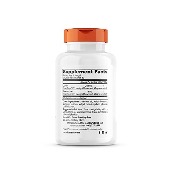 Doctors Best, FloraGlo, Sans Luteine, avec Zeaxanthine, 20 mg, 60 Gélules