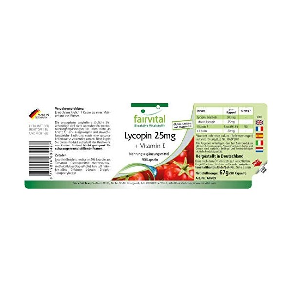Fairvital | Gélules de lycopène avec vitamine E - 25mg de lycopène - VEGAN - 90 gélules - microencapsulées