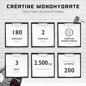 Creatine Ultra Caps - 180 gélules avec 1250 mg de pure créatine monohydrate chacune - Premium : ultrafine + facteur mesh de 2