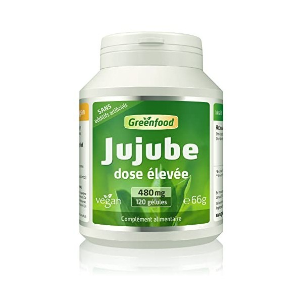 Greenfood Jujube, 480 mg, 120 gélules, doses élevée - Sans additifs artificiels. Sans génie génétique. Vegan.