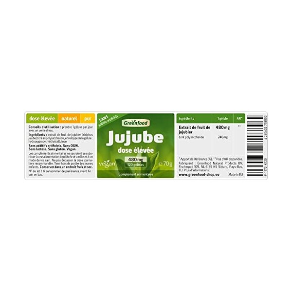 Greenfood Jujube, 480 mg, 120 gélules, doses élevée - Sans additifs artificiels. Sans génie génétique. Vegan.