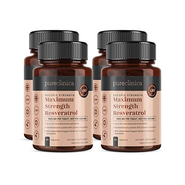 Pureclinica Resvératrol 1000 mg x 360 comprimés - 4 flacons de 90 comprimés - Approvisionnement 12 mois Resvératrol