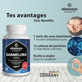 Probiotique Flore Intestinale - 12 Cultures de Bactéries por Microbiote Intestinales avec Inuline, Lactobacillus & Bifidobact