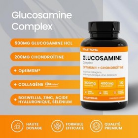 GLUCOSAMINE CHONDROÏTINE MSM Vitastrong - OptiMSM®, COLLinstant® Collagene et Acide Hyaluronique, Boswellia, Zinc, Sélénium e