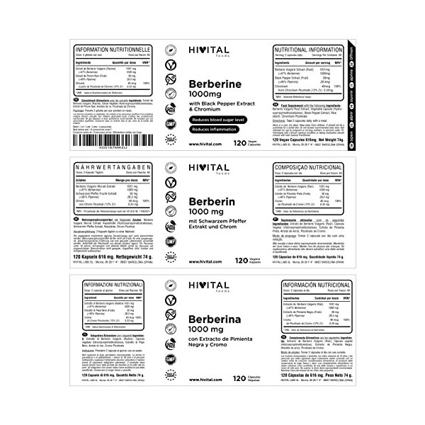 Berbérine 1000 mg. 120 gélules végétaliennes pour 2 mois de traitament. Au chrome et au poivre noir naturel.