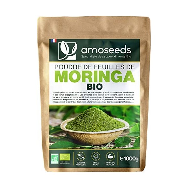 Poudre de feuilles de Moringa Bio 1KG | Vitamine A, Antioxydant, Détox, Peau | Qualité Supérieure