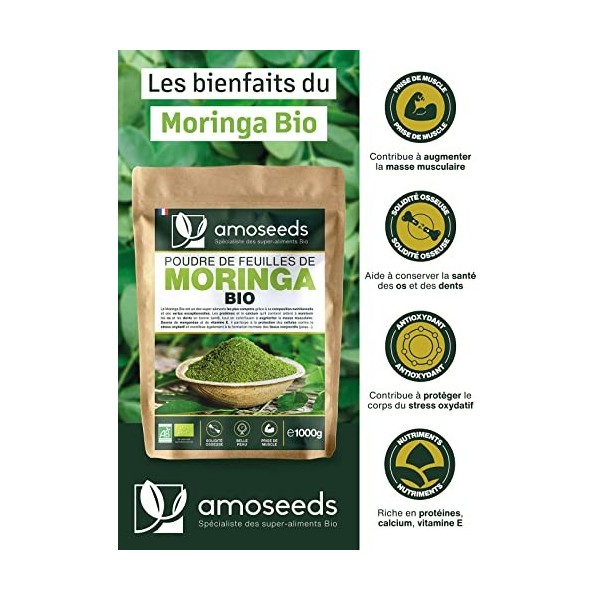Poudre de feuilles de Moringa Bio 1KG | Vitamine A, Antioxydant, Détox, Peau | Qualité Supérieure