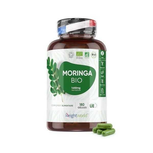 Moringa Bio Gélules 1650mg - 180 Gélules Vegan - Complément Alimentaire de Feuilles Moringa Oleifera Bio Certifié AB, Source 