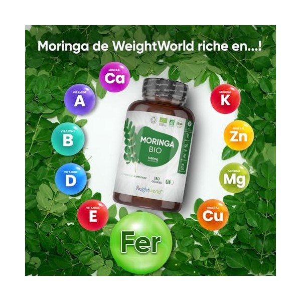 Moringa Bio Gélules 1650mg - 180 Gélules Vegan - Complément Alimentaire de Feuilles Moringa Oleifera Bio Certifié AB, Source 