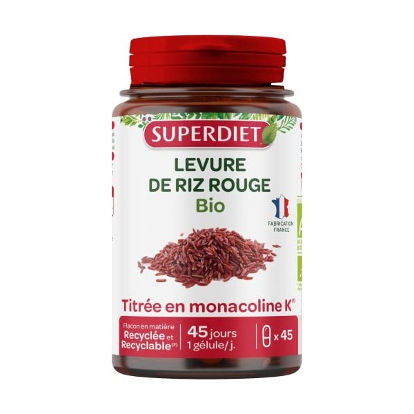 SUPERDIET - LEVURE DE RIZ ROUGE BIO - Titrée en monacoline K - Fabrication française - 45 gélules