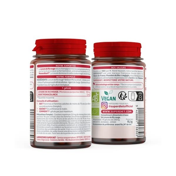 SUPERDIET - LEVURE DE RIZ ROUGE BIO - Titrée en monacoline K - Fabrication française - 45 gélules