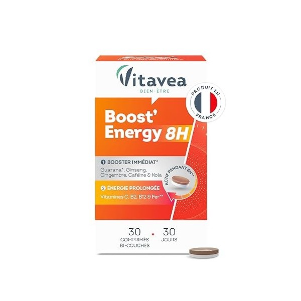 Vitavea - Booster Energie Immédiate et Prolongée Action 8H - Réduit la Fatigue - Guarana, Ginseng, Caféine, Vitamine C, Vitam