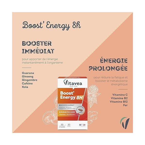 Vitavea - Booster Energie Immédiate et Prolongée Action 8H - Réduit la Fatigue - Guarana, Ginseng, Caféine, Vitamine C, Vitam