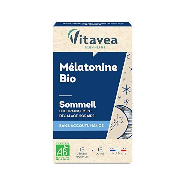 Vitavea - Mélatonine 1 mg Bio - Complément Alimentaire Sommeil Adulte - Endormissement, Pour Dormir - Décalage Horaire, Jet L