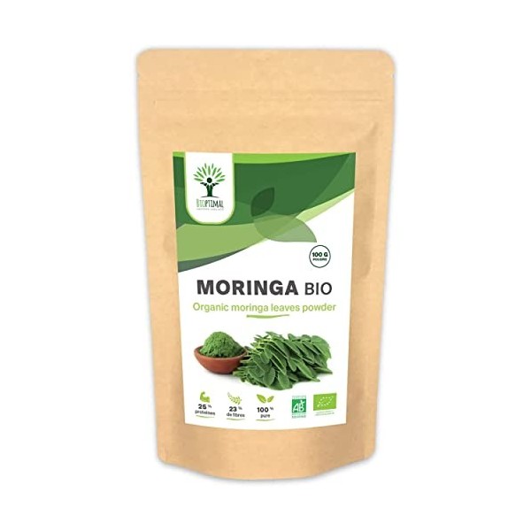 Moringa Bio - Bioptimal - En Poudre - 100% Feuille de Moringa Oleifera - Antioxydant Immunité Anti-Fatigue Cheveux - Vitamine