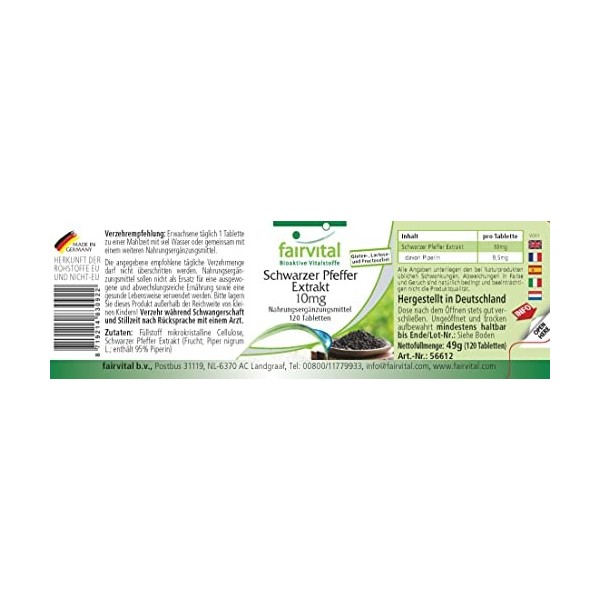 Fairvital | Extrait de poivre noir 10 mg - 120 comprimés - 95% pipérine - Pour 4 mois - 100% végétalien - Qualité contrôlée -