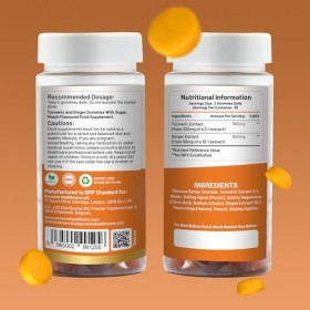 Gummies au curcuma et au gingembre | 60 gommes pro végétaliennes | Saveur naturelle de pêche | Des gommes alléchantes pour la