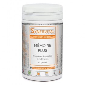 Mémoire Plus Synervital - 60 gélules dosées à 326mg - Complexe de plantes pour la Mémoire - Ginkgo biloba - Bacopa -Magnesium