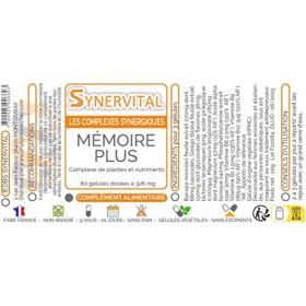Mémoire Plus Synervital - 60 gélules dosées à 326mg - Complexe de plantes pour la Mémoire - Ginkgo biloba - Bacopa -Magnesium