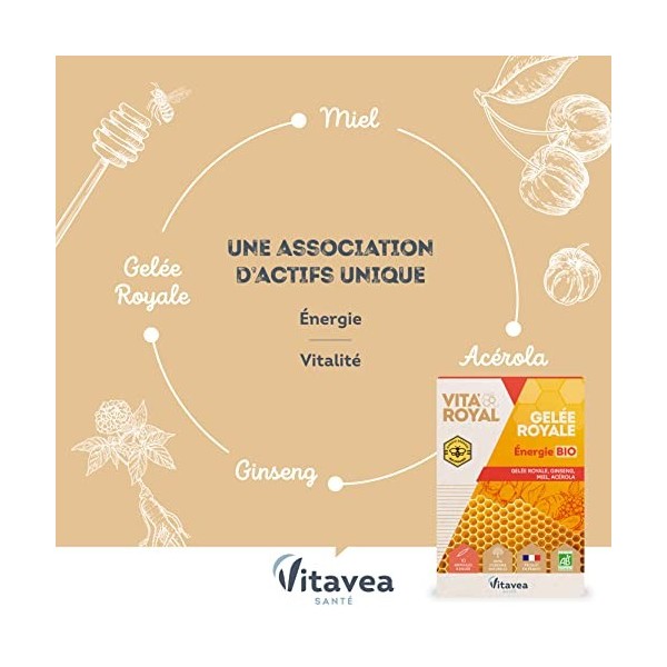 Vitavea - VitaRoyal Énergie BIO - Réduction de la fatigue, Défenses naturelles, Bienfaits Naturels de la Ruche - Gelée royal