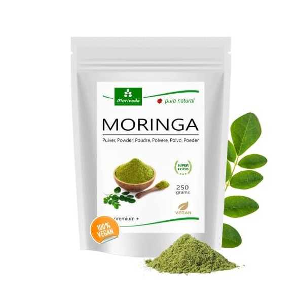 MoriVeda® Poudre de feuilles de Moringa 250g Oleifera Premium Plus, 1x250g de poudre 