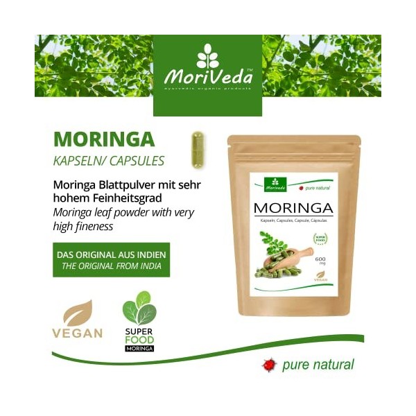 Moringa capsules 600mg ou Moringa Energy Tabs 950mg - Oleifera, végétalien, Produit de qualité de MoriVeda 120 capsules 