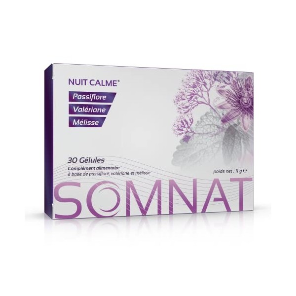 SOMNAT 30 Gélules | Nuit calme et apaisante | Action synergique de Passiflore, de Valériane et de Mélisse | Produit 100% Natu