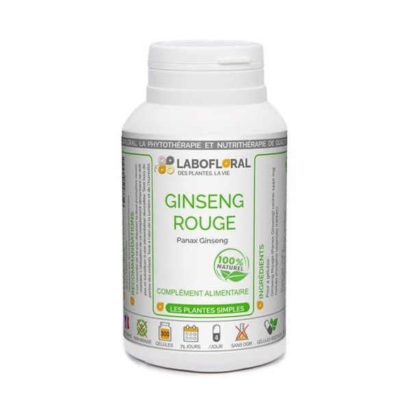 Ginseng Rouge Labofloral 50 gélules dosées à 360 mg - Complément alimentaire - Immunité, vitalité, tonifiant et énergisant - 