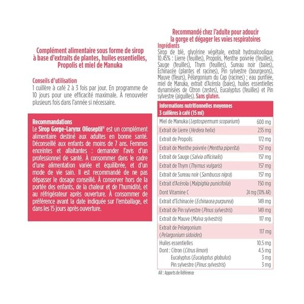 OLIOSEPTIL® - Sirop gorge-larynx - Association dextraits et dhuile essentielles de plantes - Apaise les voies respiratoires