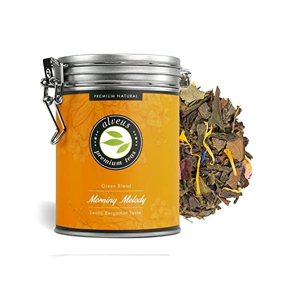 "Morning Melody" Thé Vert Bio goût Mangue Bergamote et Orange en Vrac – 40 Tasses Boîte 100 Grammes - Idéal en Thé Glacé - 