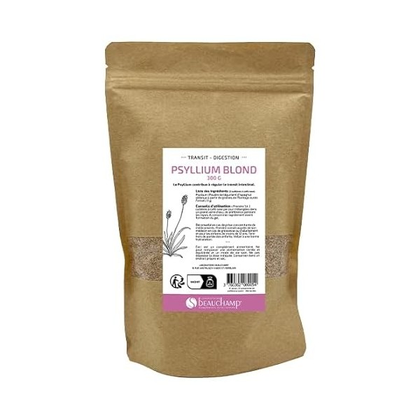 Laboratoire Beauchamp - Complément alimentaire PSYLLIUM BLOND - Sachet de 300 grammes - Aide à réguler le transit - Riche en 