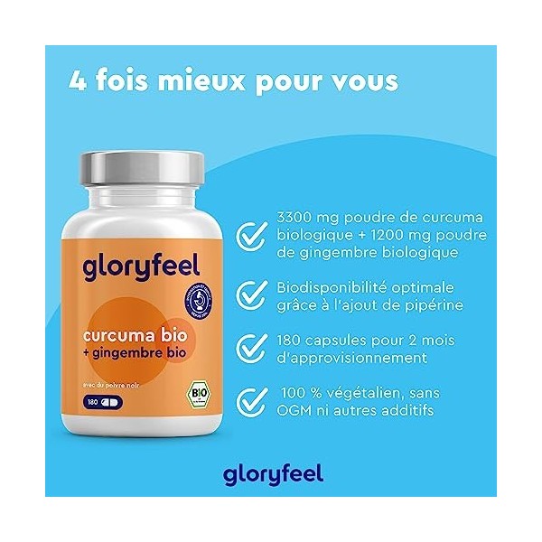 Curcuma Bio avec Gingembre et Poivre Noir, 3300 mg par Dose Quotidienne, Curcumine et Piperine Bio Hautement Dosée, Naturelle