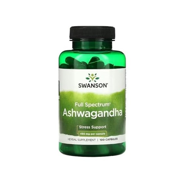 Swanson Full Spectrum Ashwagandha 450mg - 100 Capsules | Supplément Adaptogène de qualité supérieure pour le soulagement du s