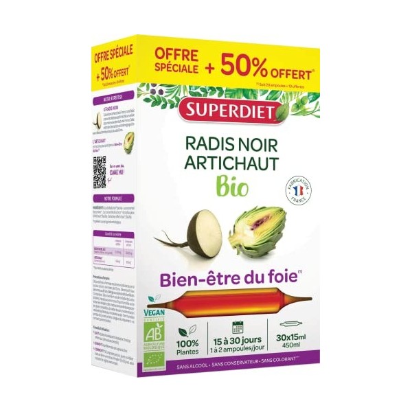 SUPERDIET - RADIS NOIR - ARTICHAUT BIO - Transit & Digestion Facile - Fabrication France - Format économique - 30 ampoules de