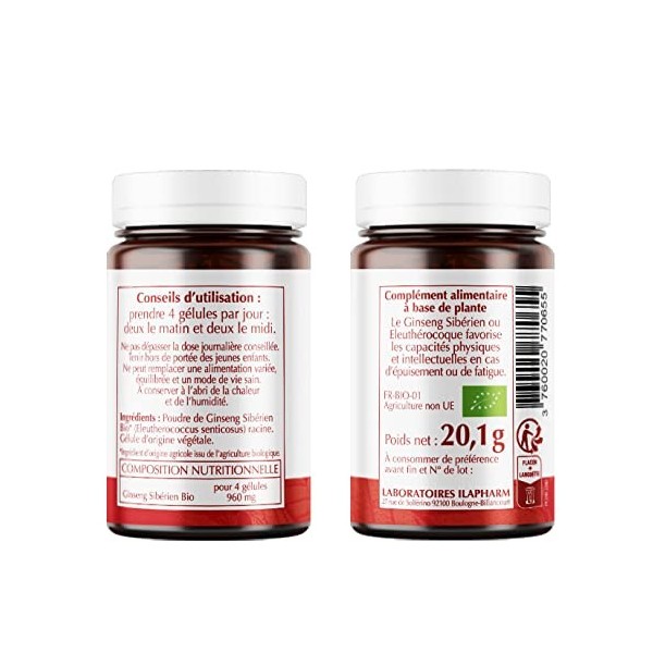 Laboratoires Ilapharm - GINSENG SIBERIEN BIO - Renforcez votre organisme - Tonus & vitalité - Flacon de 60 gélules