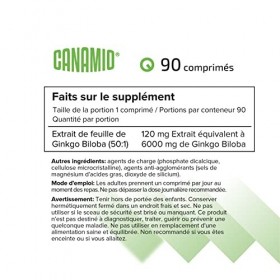 Ginkgo Biloba 6000 mg 90 comprimés CANAMIO Fonction cérébrale et santé cognitive