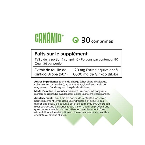 Ginkgo Biloba 6000 mg 90 comprimés CANAMIO Fonction cérébrale et santé cognitive