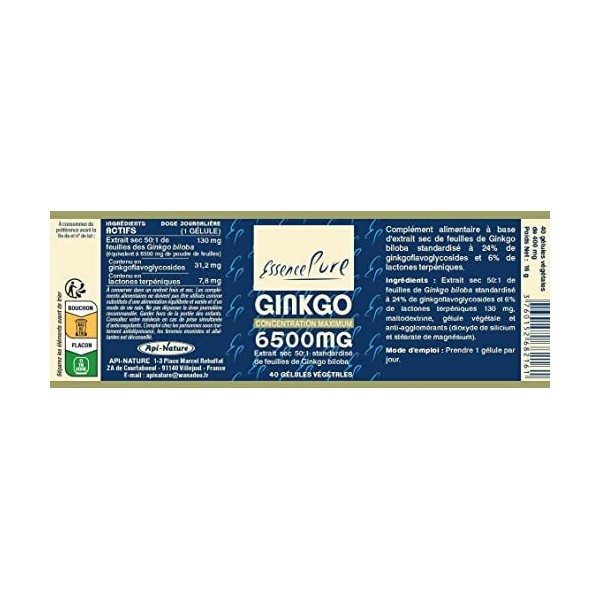 Ginkgo Biloba 6500mg Essence Pure | Favorise Mémoire et Circulation | Extrait Sec Concentré 50:1 | Contrôle Qualité Rigoureux